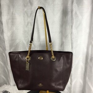Coach Pebbled Leather Tote in Deep Burgundy with Gold Hardware